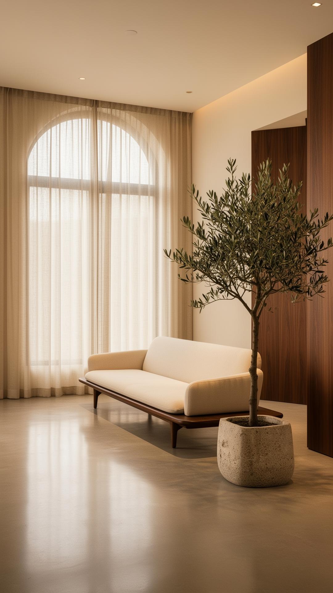 Modern minimal boutique private GP clinic interior with linen sofa and olive tree